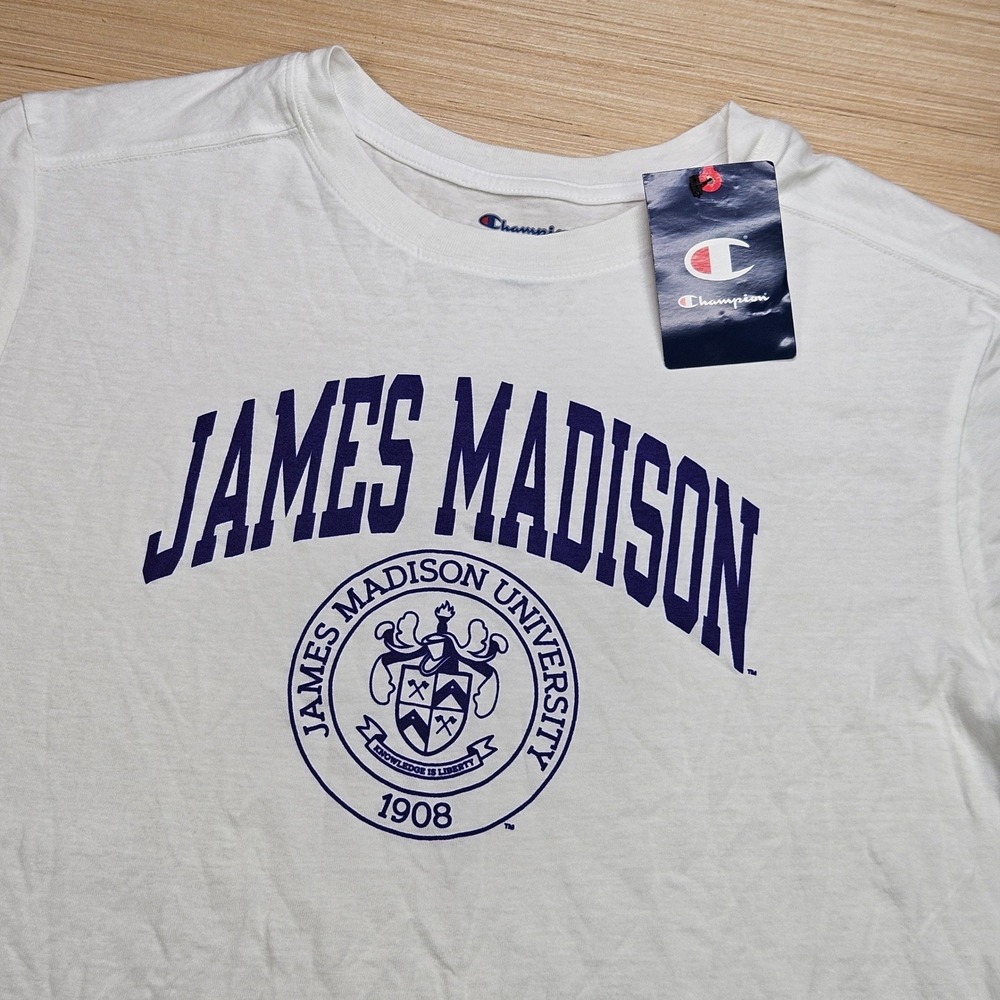 James Madison University Dukes Champion T-Shirt L White JMU Graphic NEW